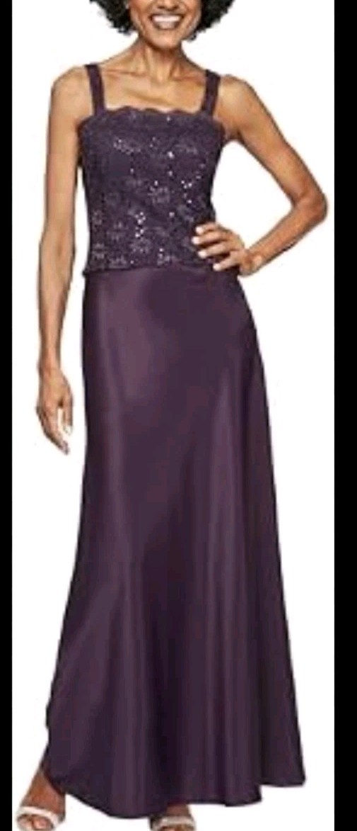 Alex Evenings Gown Eggplant Purple Embroidered Lace Size 6P Mother Of Bride