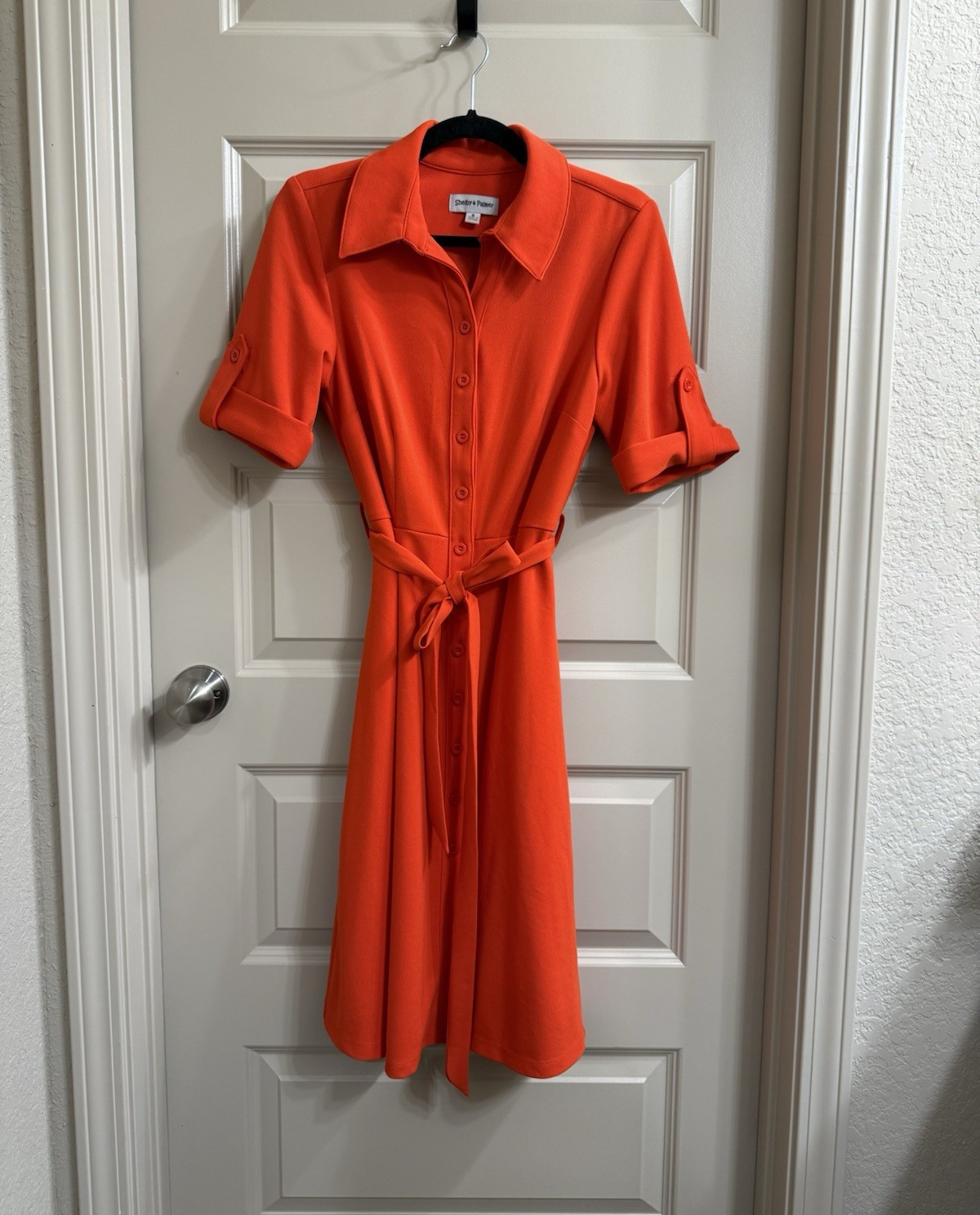 Shelby & Palmer Orange Short Sleeve Collared Button Belted Midi Shirt Dress 6