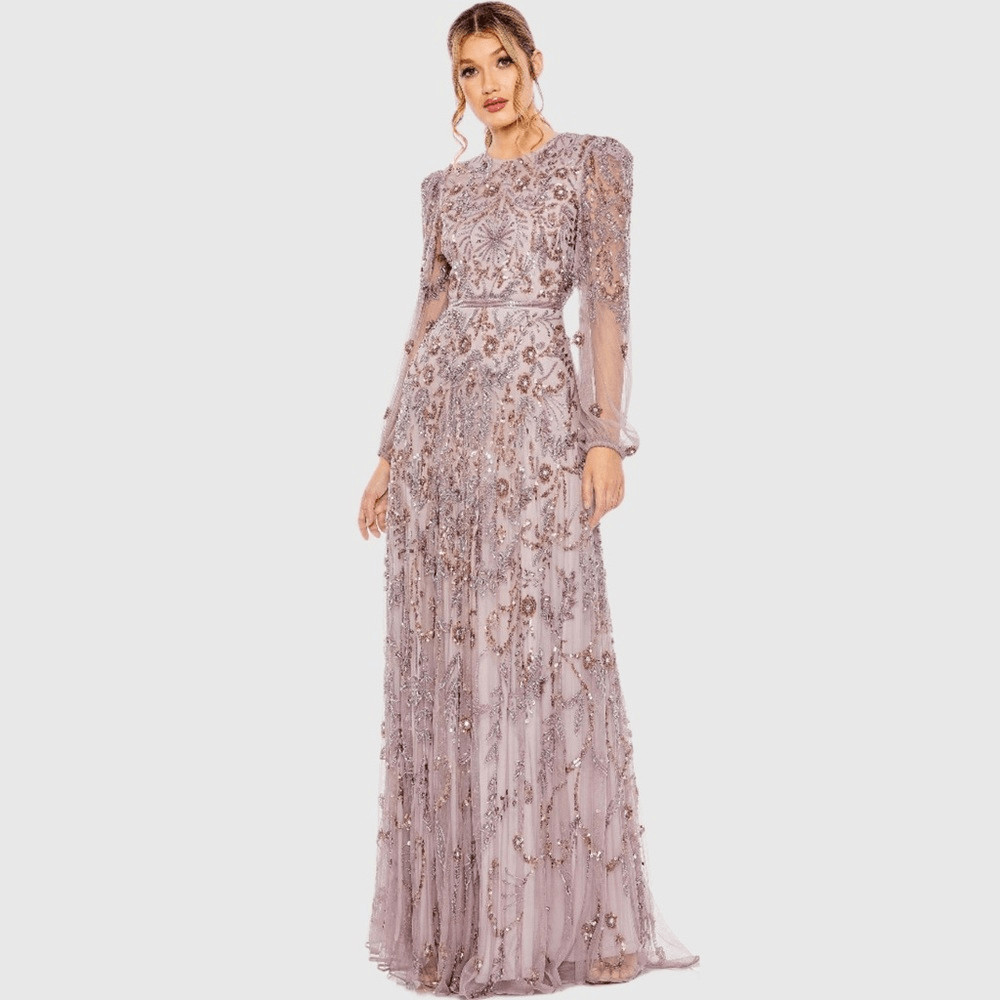 MAC DUGGAL 93930 Purple Puff Sleeve Embellished A Line Gown Dress Size 14