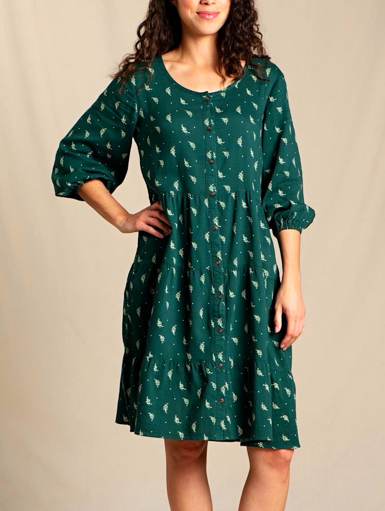 Toad&Co Manzana Tiered Dress Organic Cotton Green Floral Long Sleeve M NWT