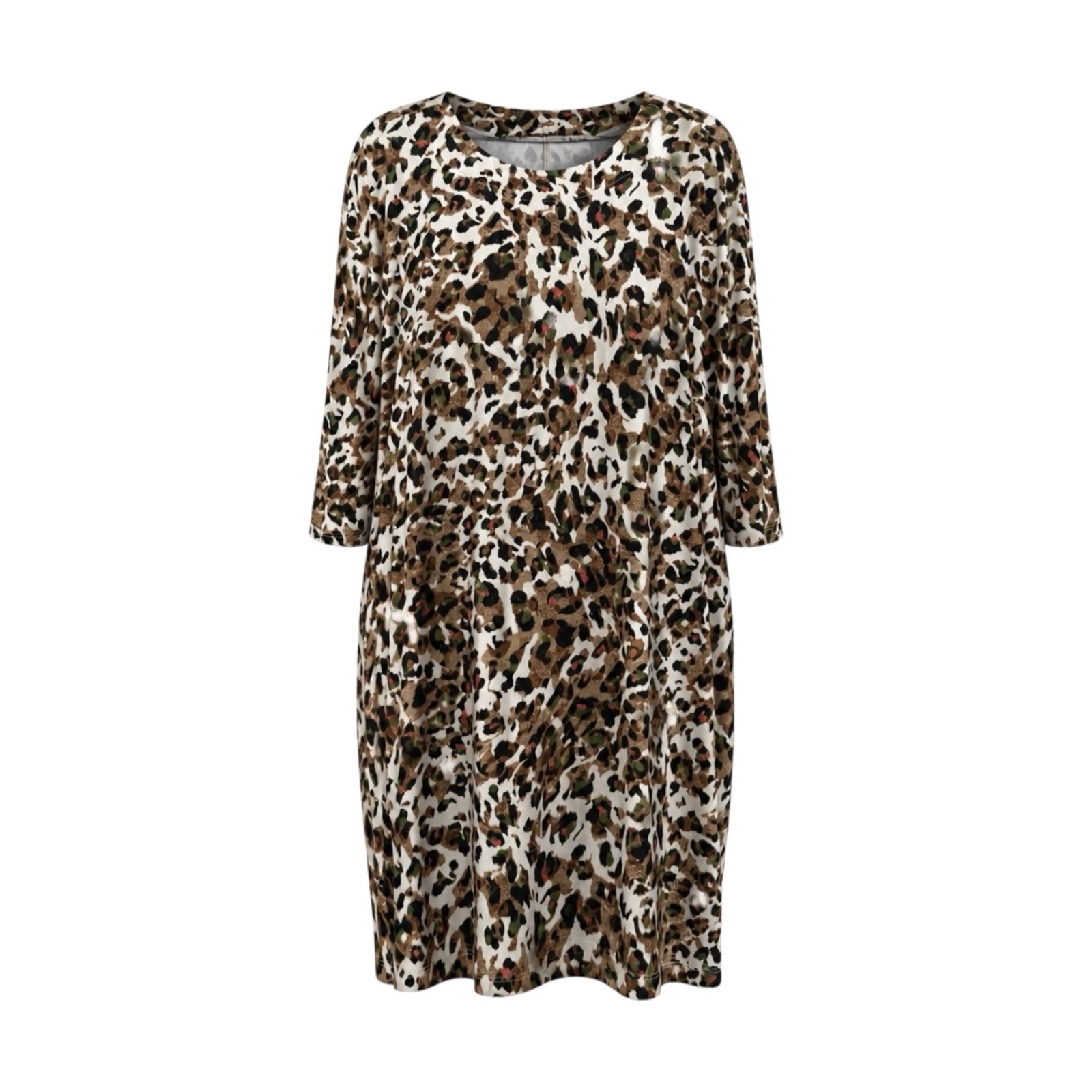 Free People Sz M Savannah Knit Dress Leopard Print Shift Shirt Dress 3/4 Sleeve