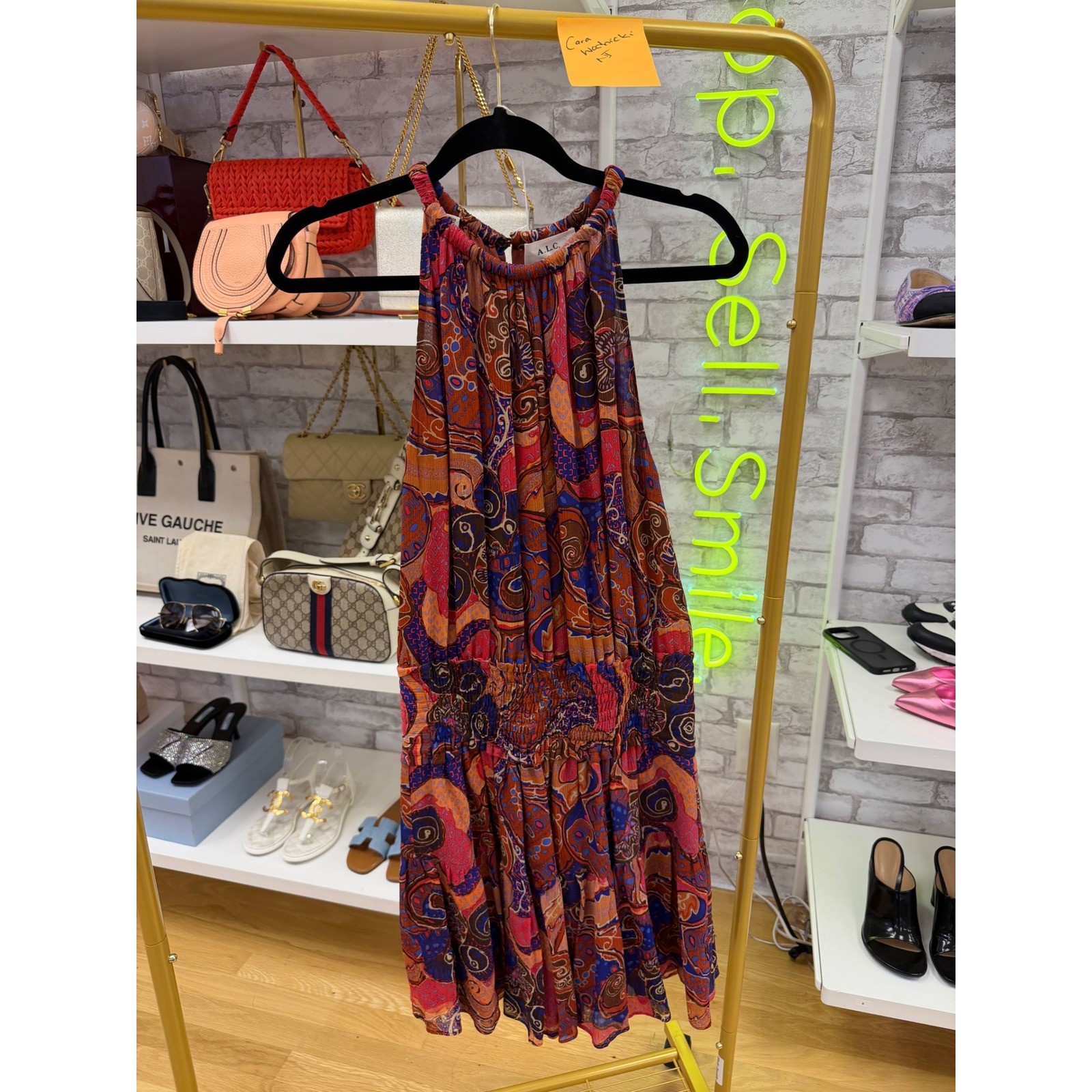 ALC Cory Silk Mini Dress Paisley Halter Smocked Waist Tiered Ruffle Orange Red 6