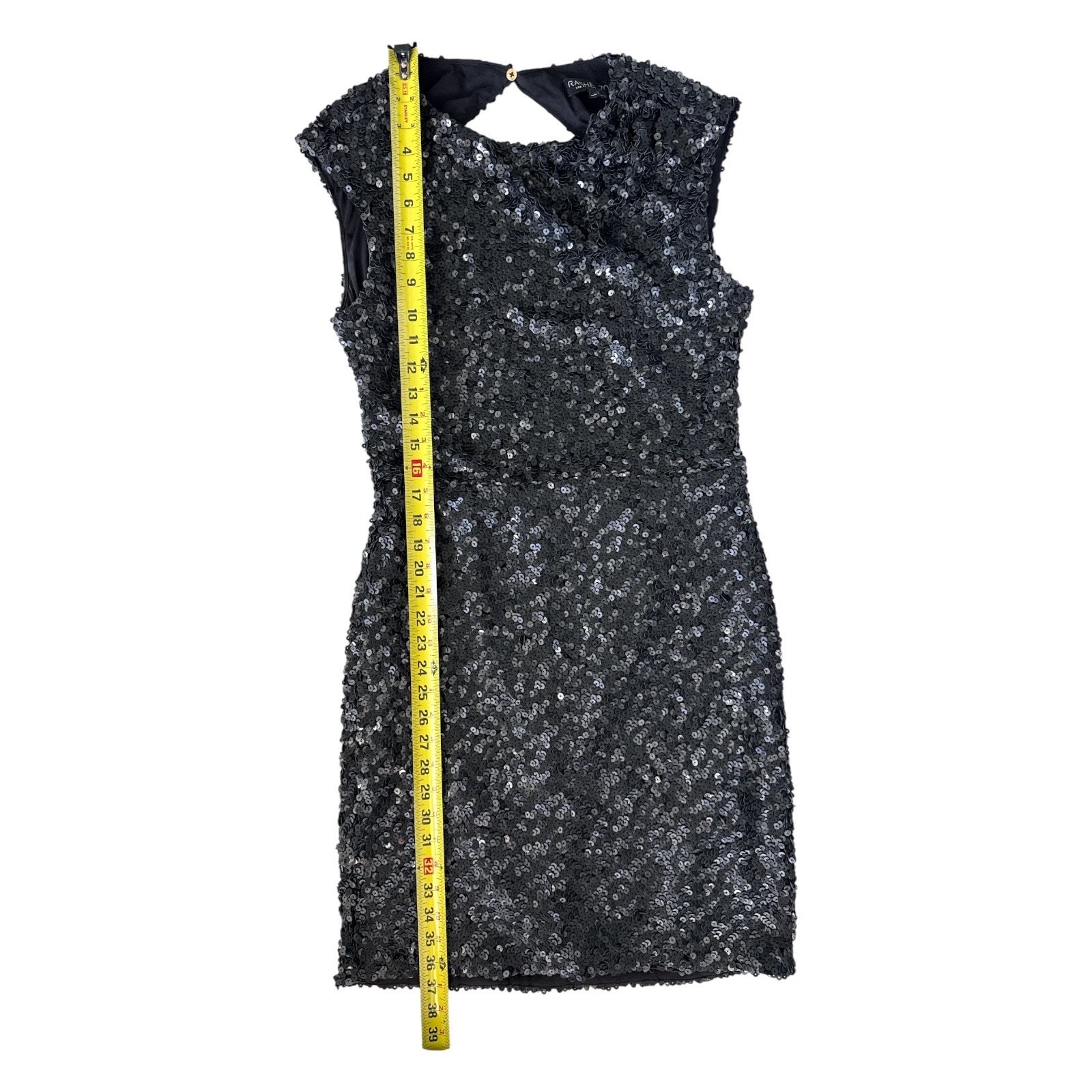 Rachel Zoe Sequin Open Back Sheath Mini Dress 10 Black Cap Sleeve