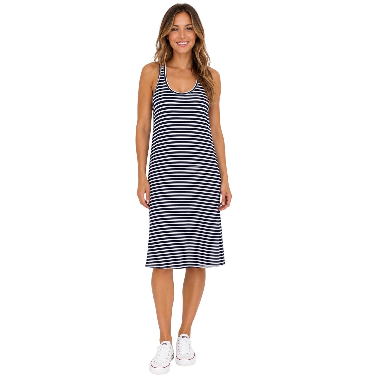 J.Crew Striped Tank Dress Large Navy Blue White Sleeveless Racerback Midi Knit