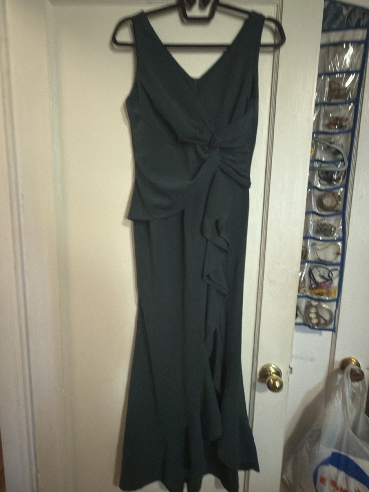 Dark Green Solid Maxi Dress V-Neck Sleeveless Ruffle Ruched Long Size L