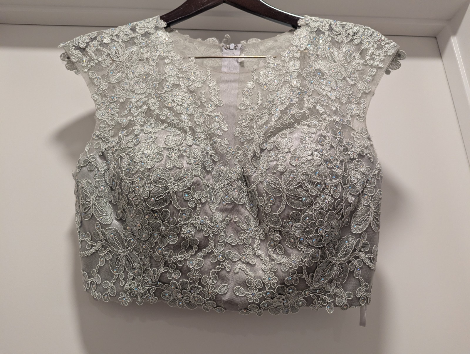 May Queen Size 12 Gray Beaded Embroidered Tulle V-Neck A-Line Knee Dress