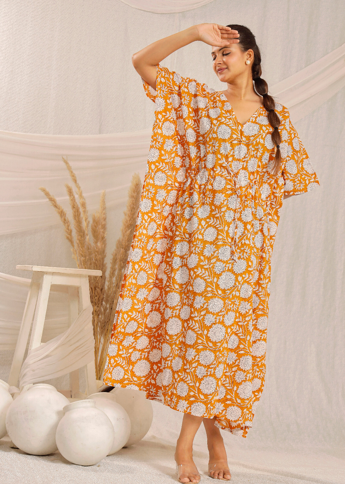 Beautiful white and orange color flower print kaftan modern kaftan dress