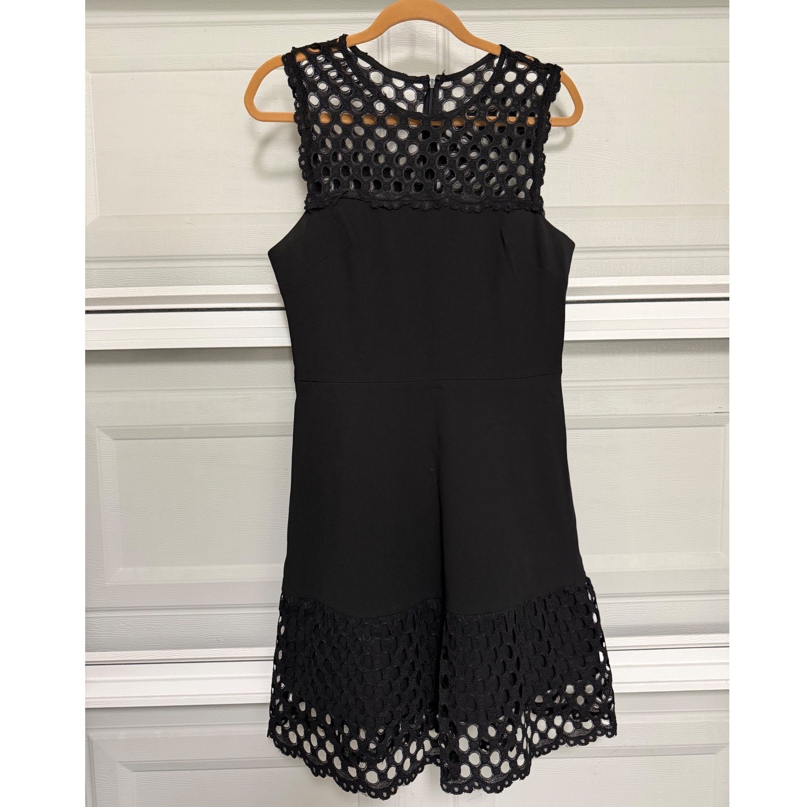 Betsey Johnson Black Eyelet Lace Yoke Fit and Flare Dress Size 10 flattering LBD