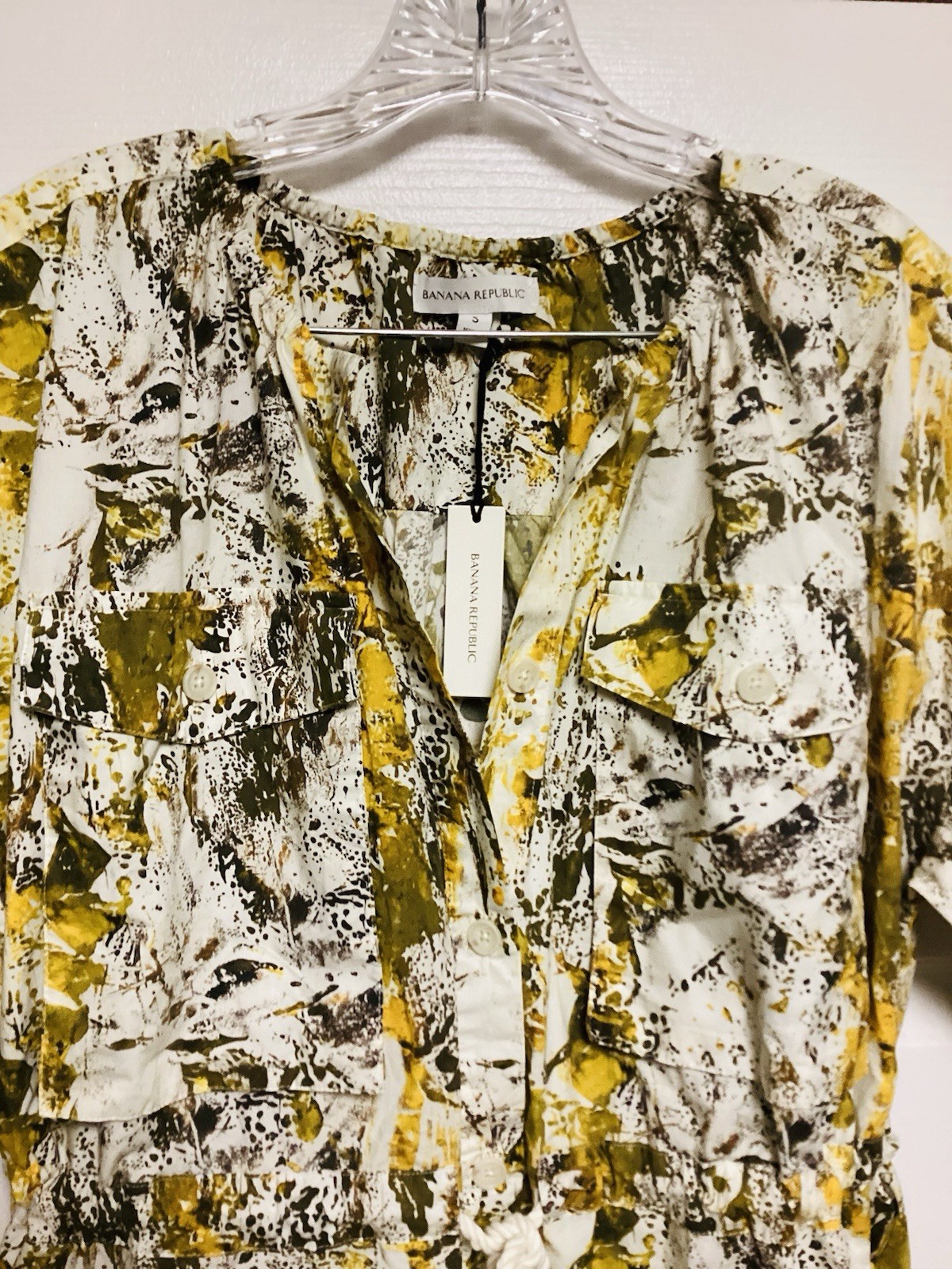 NWT $180 Banana Republic Yellow Camo Splatter Pocket Midi Shirt Dress Sz Small
