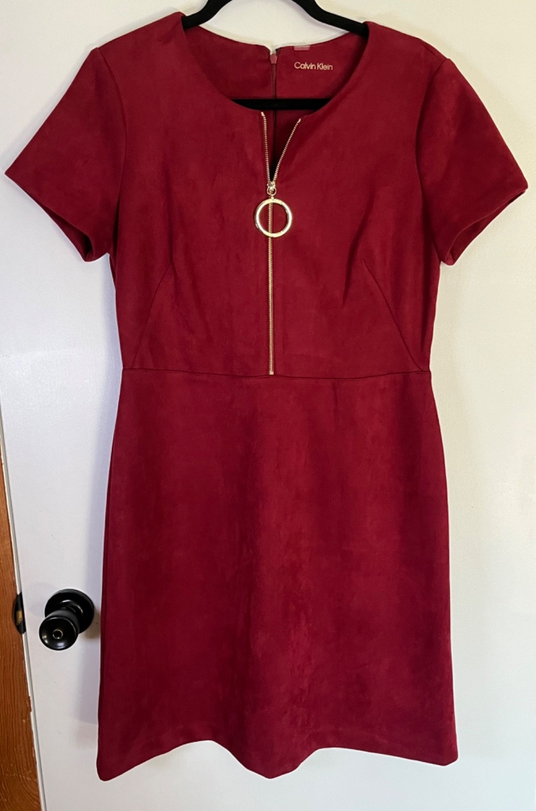 Calvin Klein Faux Suede Red Dress Size 8 Front Gold Ring Zipper Pull