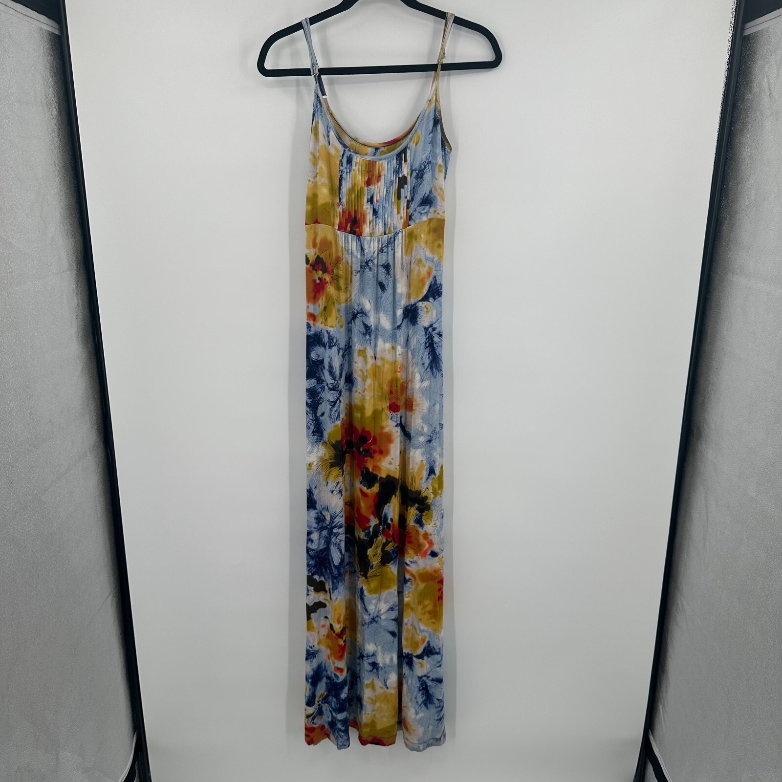 Calvin Klein Women Blue Yellow Abstract Floral Maxi Dress Empire Waist Stretch S