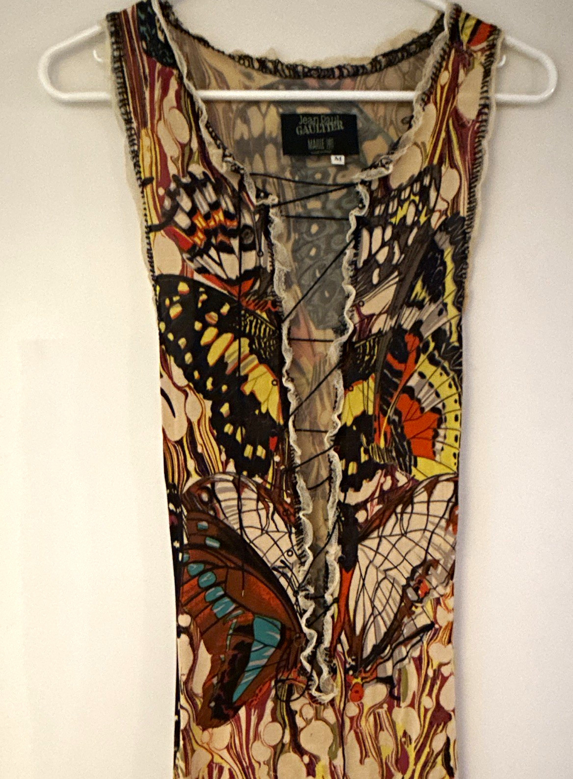 Jean Paul Gaultier 2003 Butterfly Print Maxi Dress Plunging Lace-Up M fits XS-M