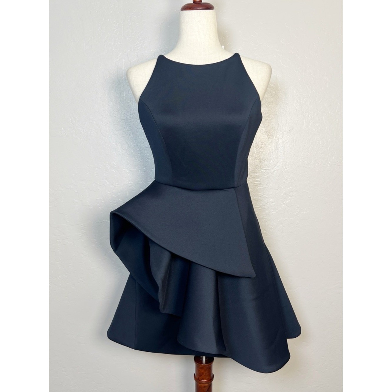 FEHAUTE Women’s Size S Navy Blue Sleeveless Asymmetrical Ruffle Skirt Mini Dress