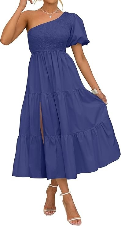 ZESICA Dress Size {Med} Boho/ One Shoulder/ Short Sleeve/ Side Split/ Ruffle