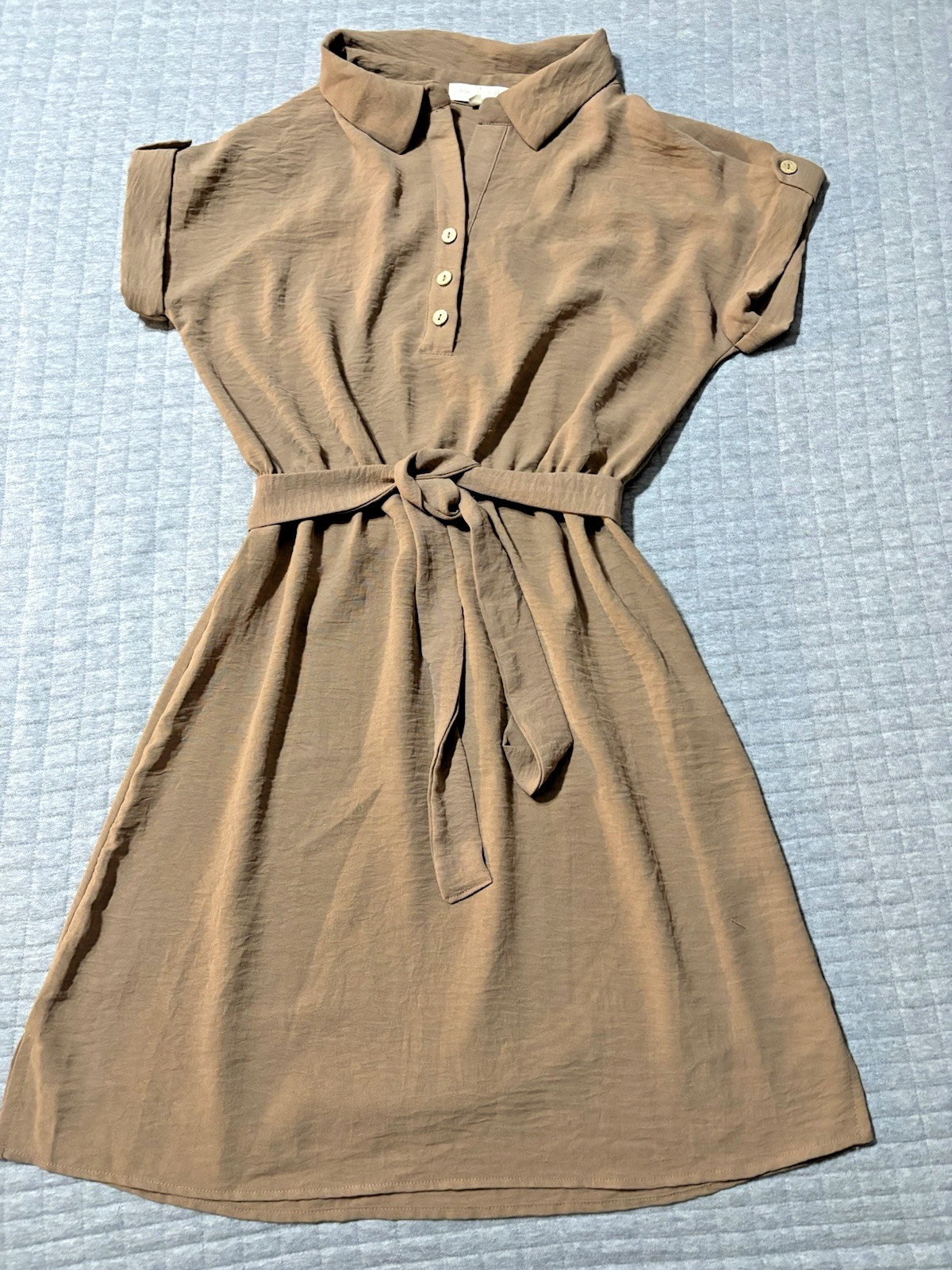 Joie de Vivre Womens Belted Shirt Dress Sz Small Elastic Waist Brown/Tan