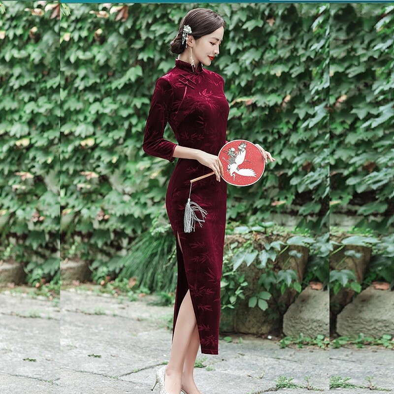 Women Autumn Velour Qipao Evening Party Dress Chinese Traditional Long Cheongsam