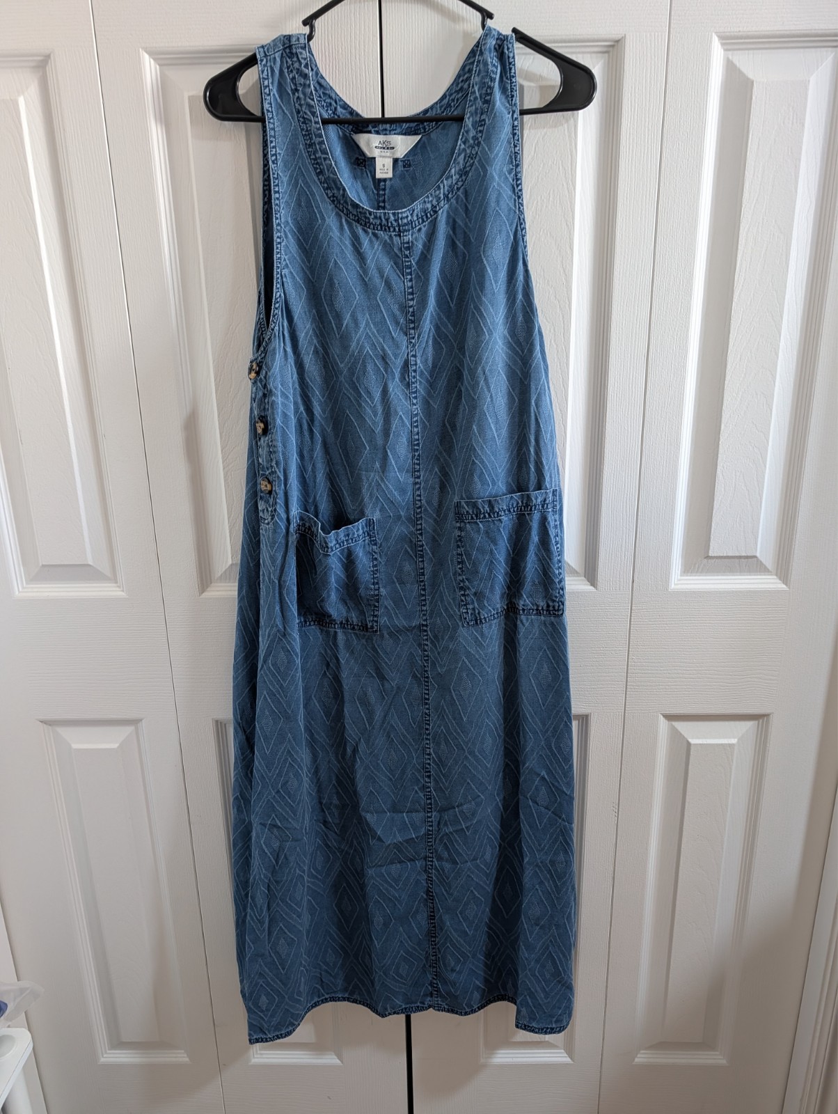 AKS Amy K Su Womens Small Denim Pinafore Dress Jacquard Diamond Long Overall S