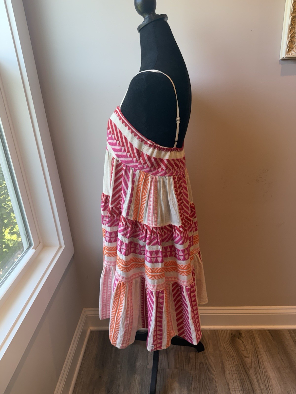 Devotion Twins Square Neck Strap Dress Small Pink Orange Tier Sundress Anthro