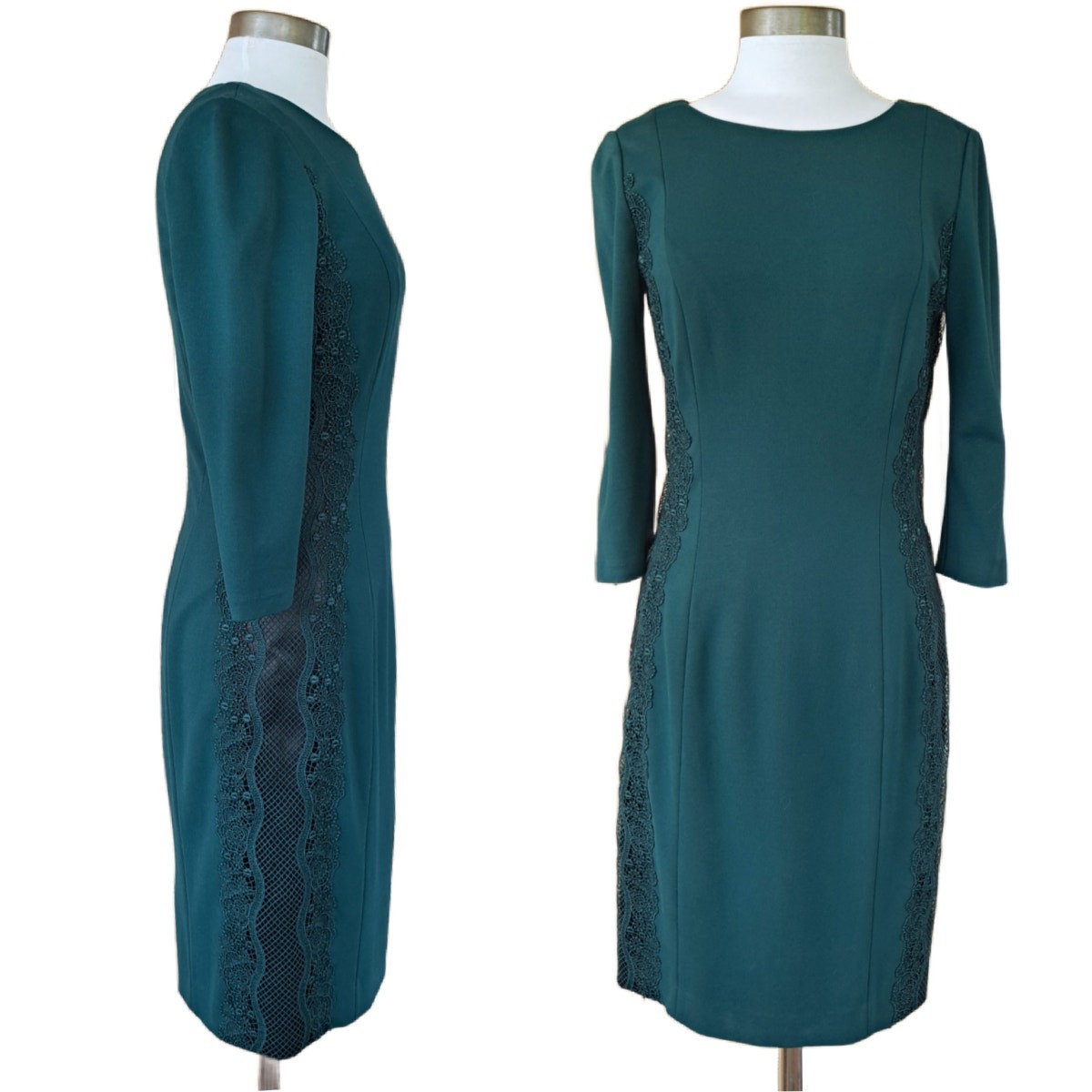 ANTONIO MELANI 3/4 Sleeve Lace Side Panel Sheath Dress Size 6 Green