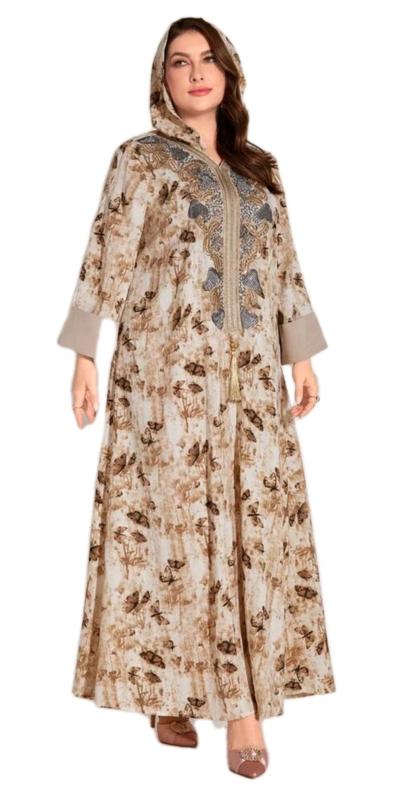 Toleen Butterfly Pullover KAFTAN Embroidered Rhinestone V-Neck Hooded Womens 1XL