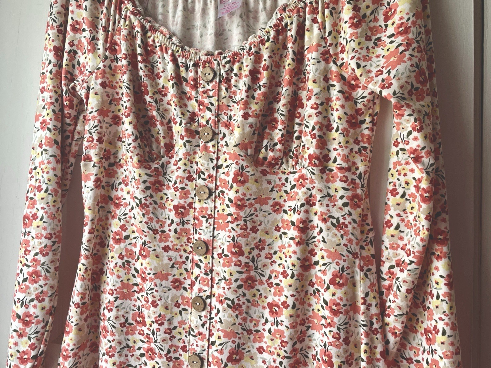 Spring Floral Button Front Dress Womens Long Sleeve Cottage Core Boho Prairie L