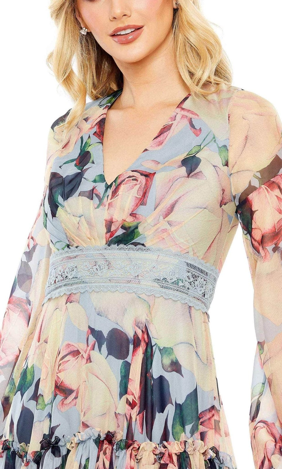 Mac Duggal Blue Multi Floral Long Sleeve Embroidered Chiffon Gown Size 14 $698