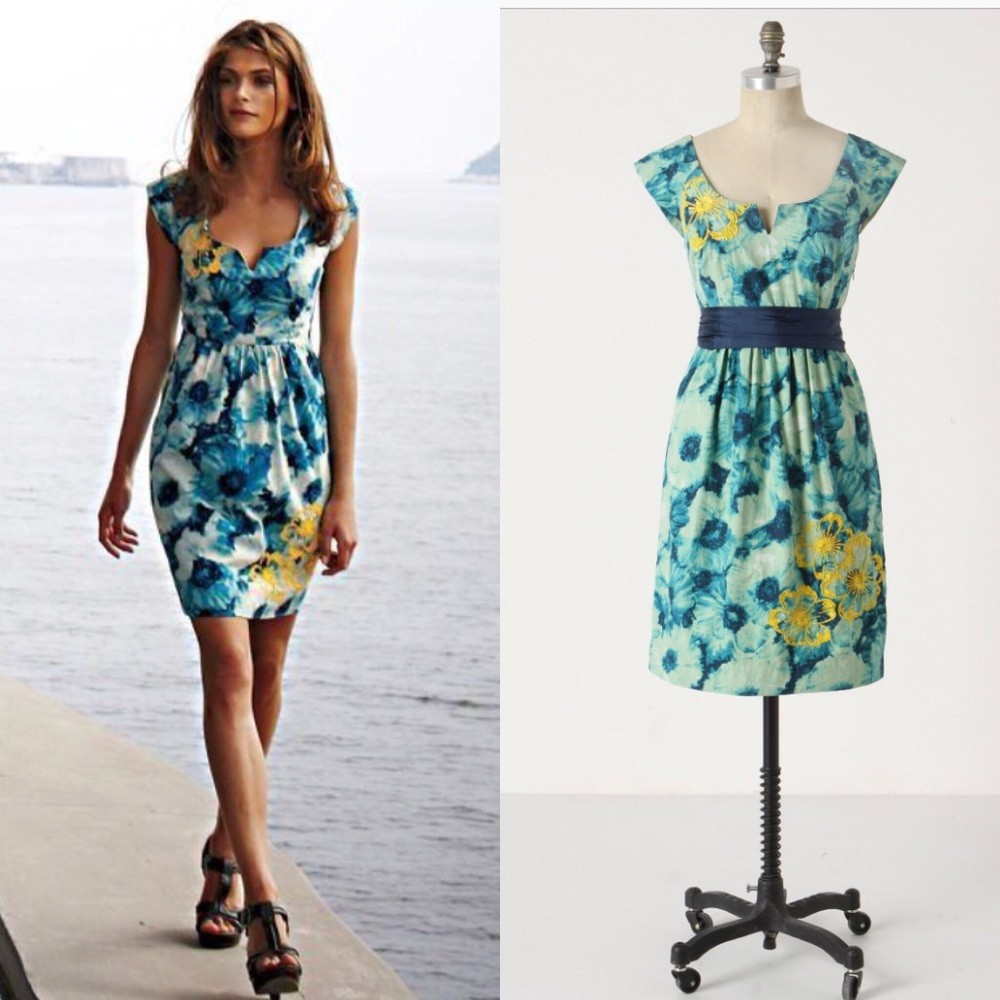 Anthropologie Floreat Dress Womens 4 Blue Floral Sequin Knotted Poppies