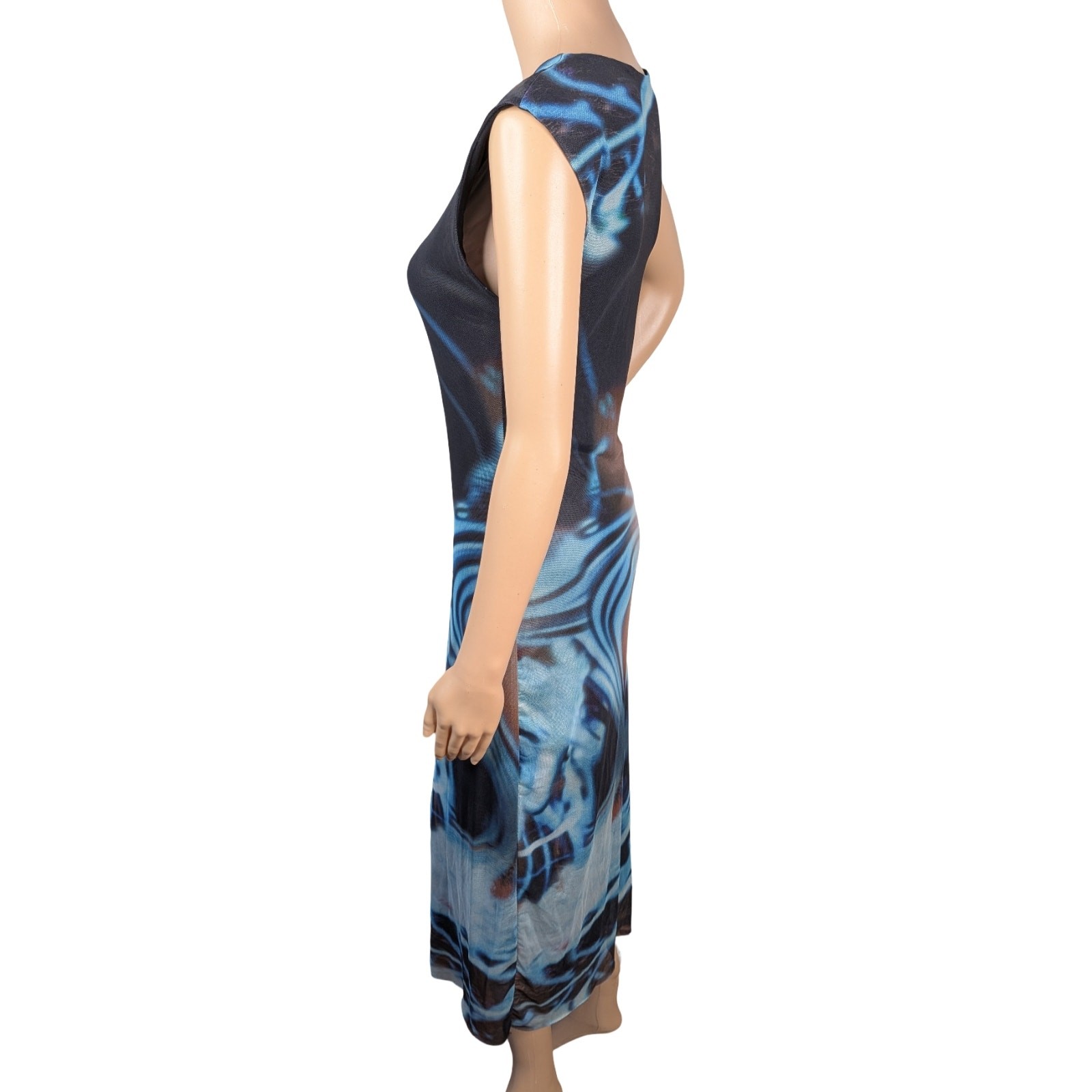Commense Abstract Marble Mesh Dress L | Ruched Avant Garde Y2K Midi Bodycon
