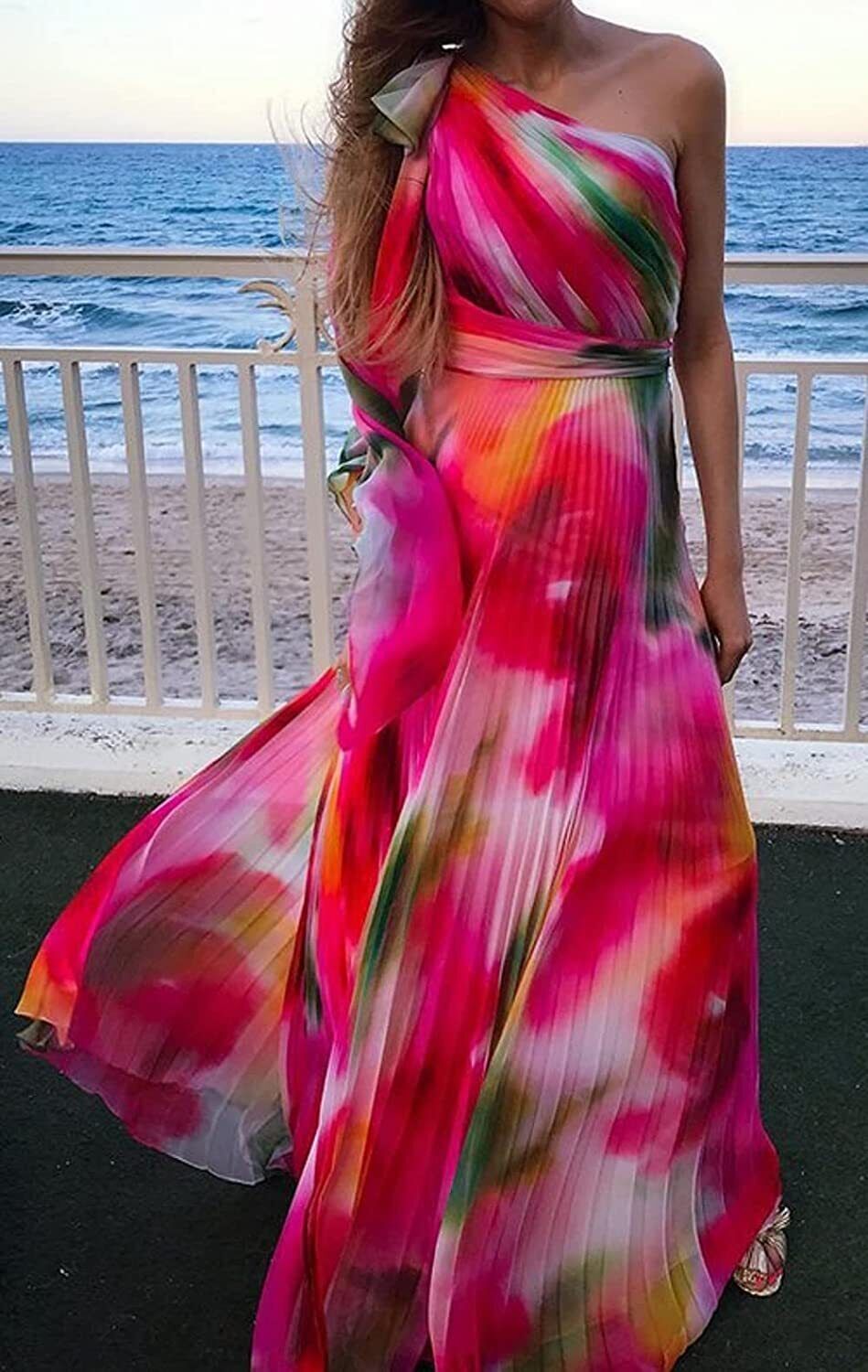 Women’s Chic One Shoulder Tie-Dyed Pleated Accordion A-Line Maxi Long Dress