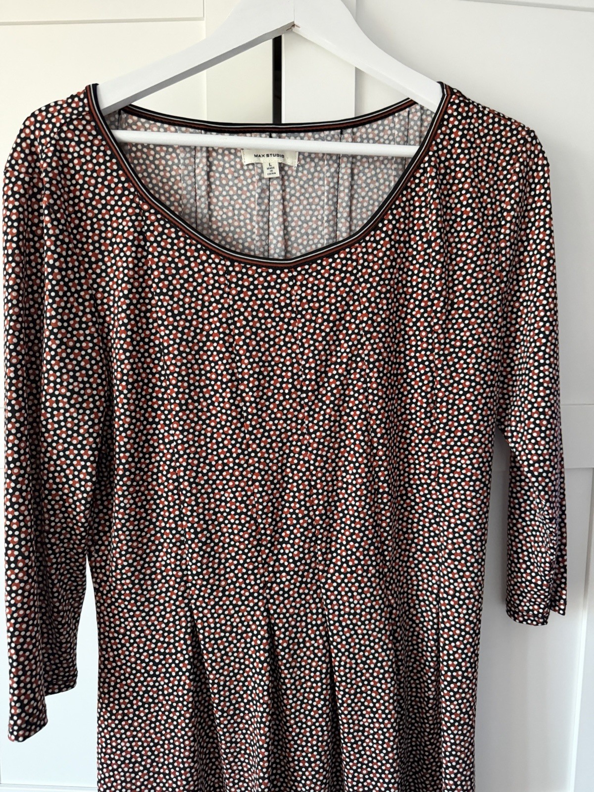 Max Studio Brown Cream Ditsy Spotty Size L Dress Knee Length Smart