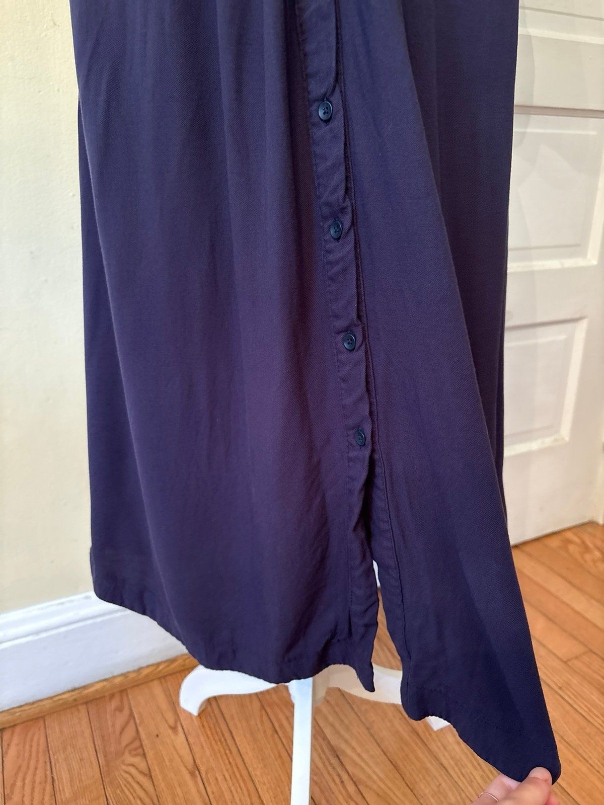 Dress half sleeve button down drawstring navy blue pockets trad wife cottage