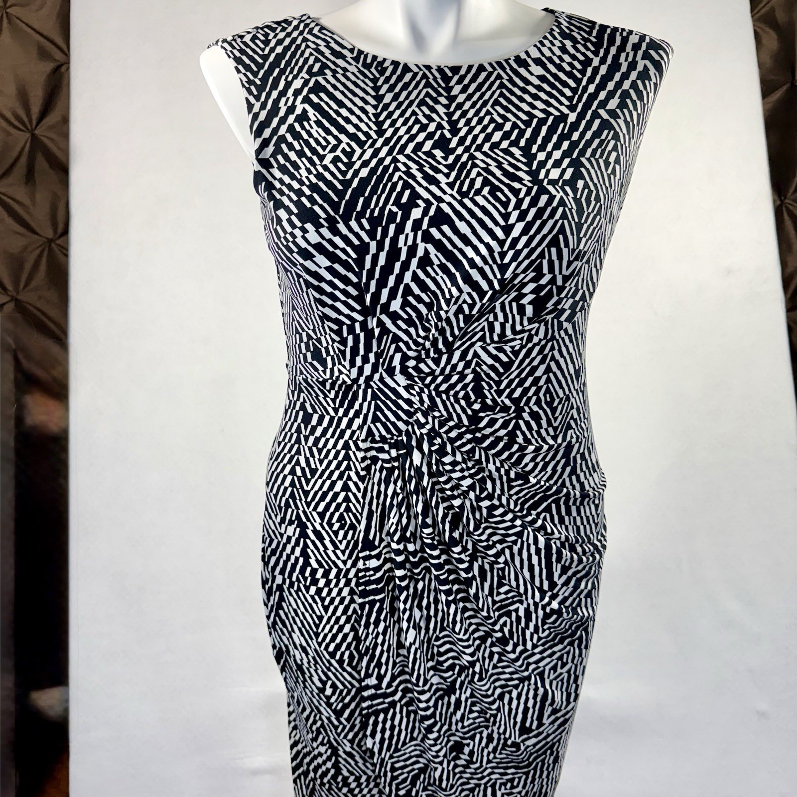 Vtg. Enfocus Studio Women’s Side Ruched Sheath Dress Black & White – Size 14W