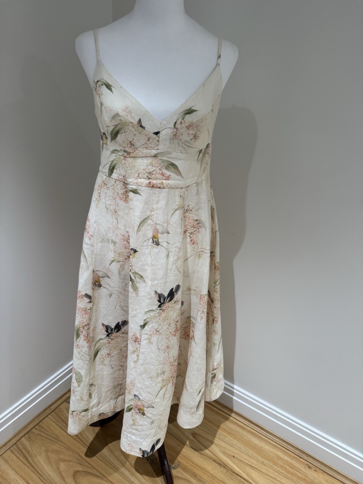 Zimmermann Floral Linen V-Neck Slip Midi Dress Size 2 Beige Pink Green Womens