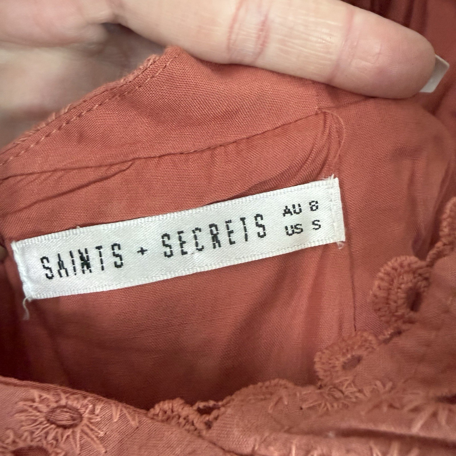 Saints + Secrets Burnt Orange Ruffle Mini Sun Dress Small Embroidered Eyelet