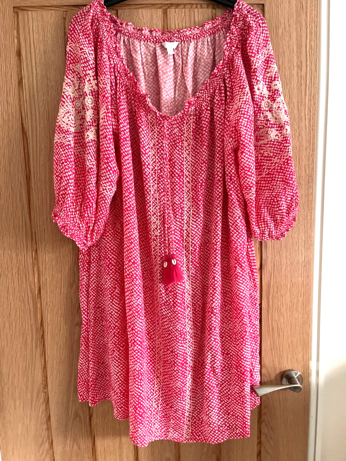 Monsoon Raspberry Red/Pink & White On-Off Shoulder Beach Dress, Size L, 18-20