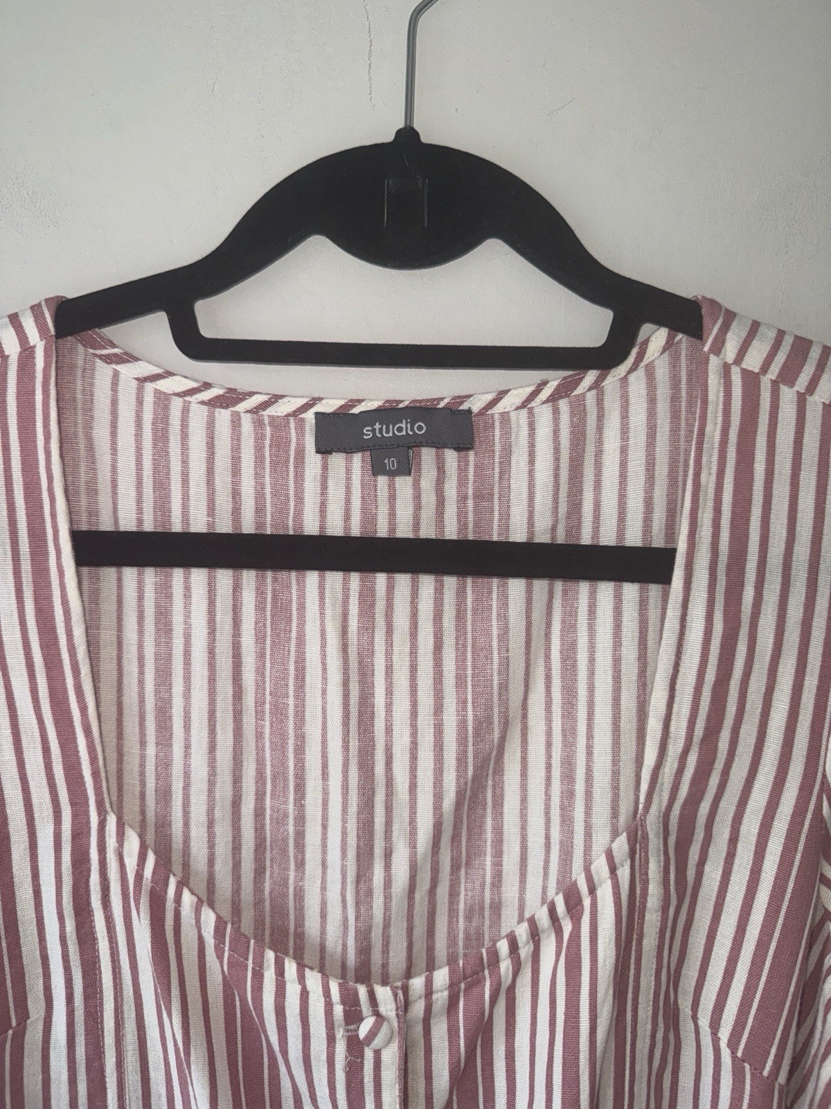 Studio Pink & White Striped Cotton Midi Dress Size UK 10 Button Front Tie Waist