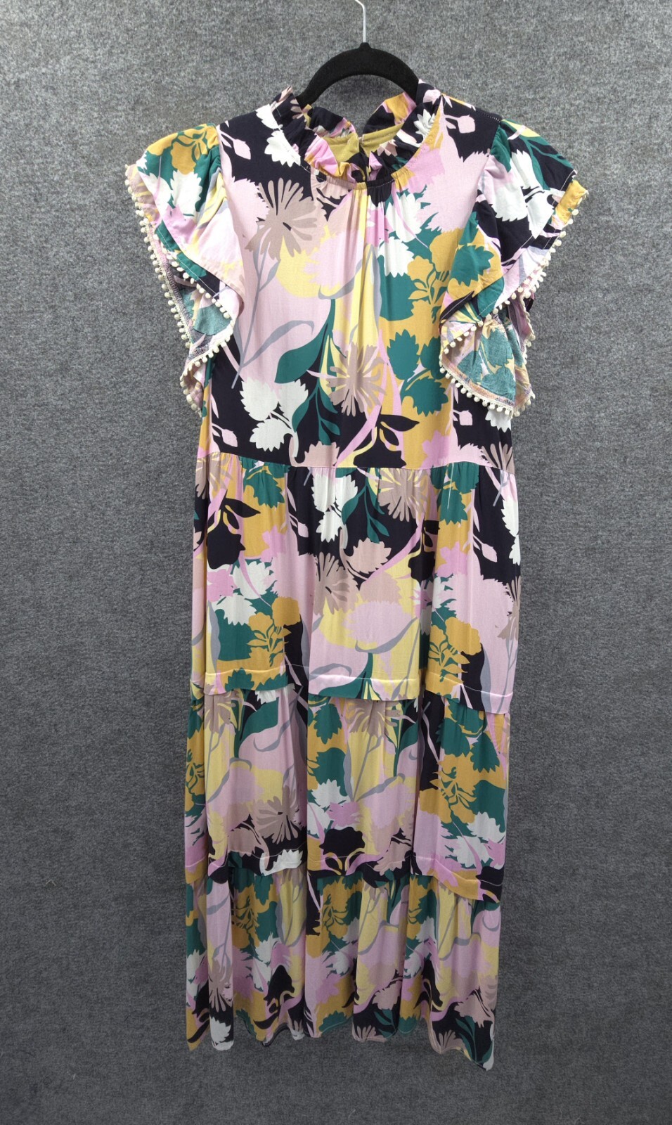 The Pants Store Dress Womens Medium Short Flutter Sleeve Tiered Pink Floral Midi