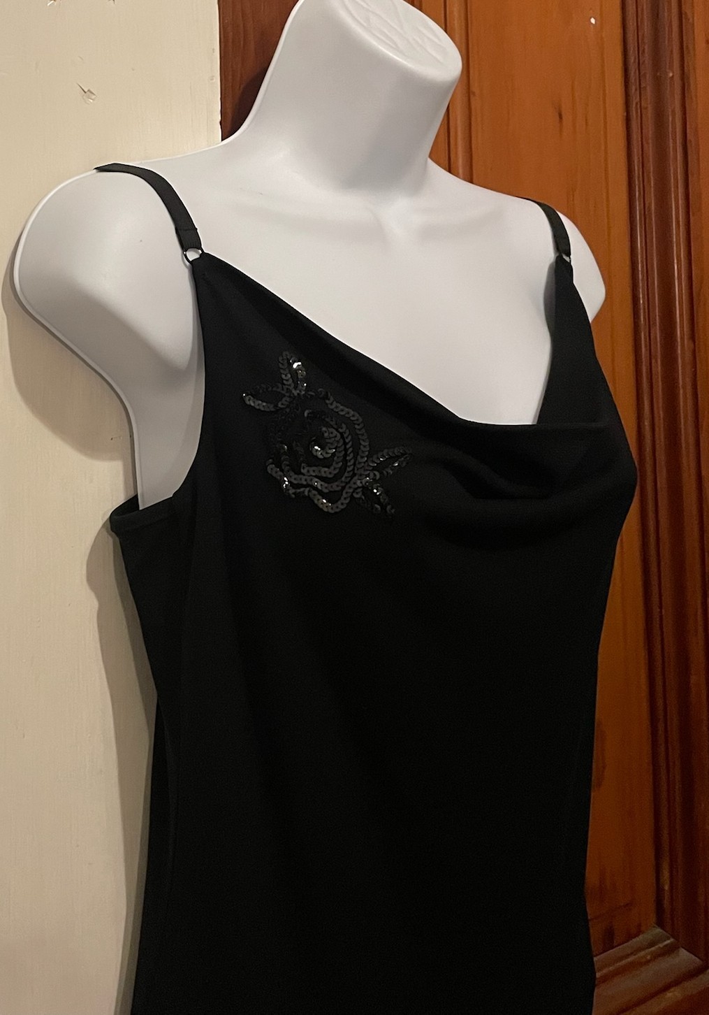 ESPRIT Black Slip Dress (SMALL) Vintage Y2K Stretch Elastic Straps Sequin Flower