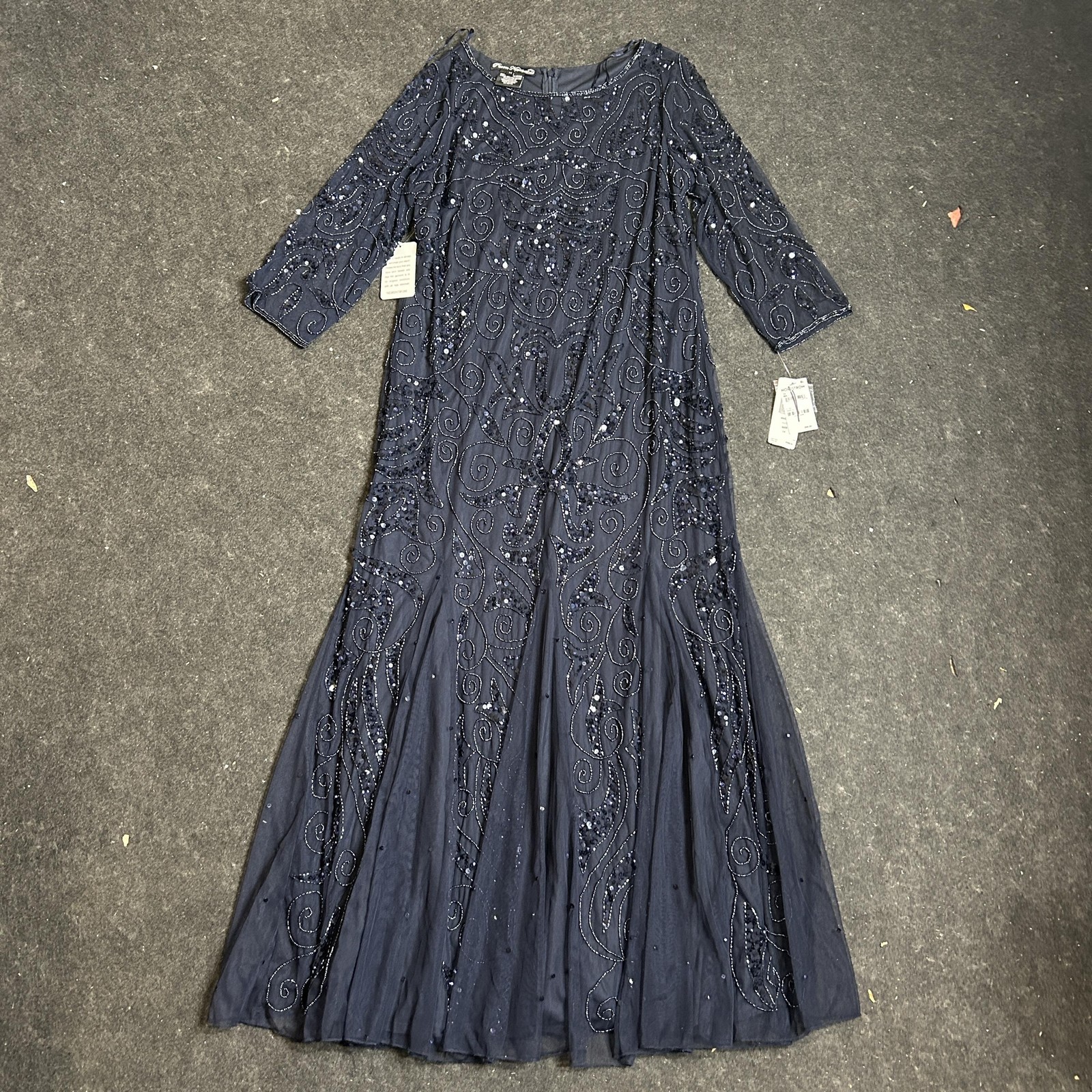 Pisarro Nights Dress Womens 14 Navy Beaded Sequin Gown 3/4 Sleeve Formal D501