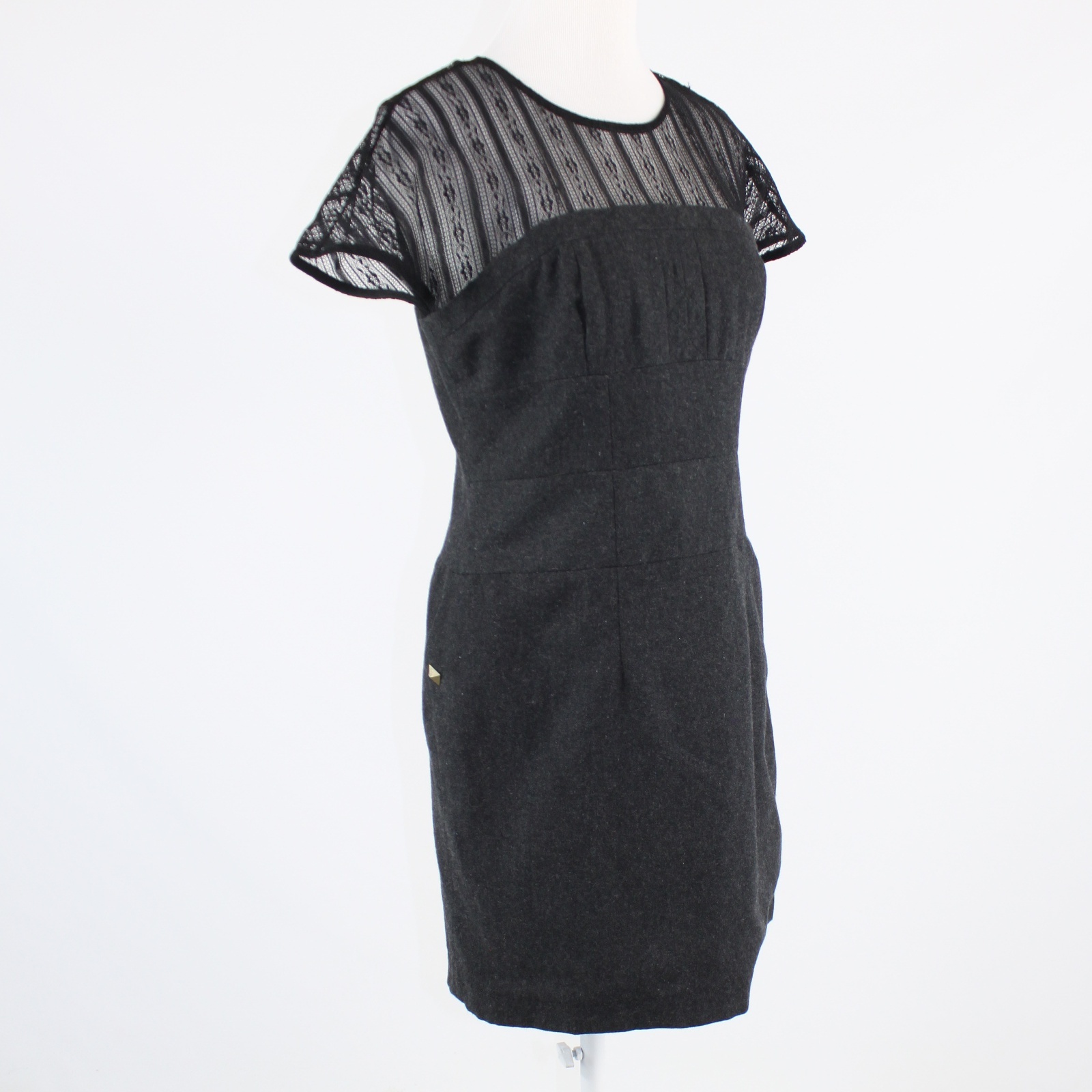 Charcoal gray TULLE black sheer lace neckline cap sleeve sheath dress L