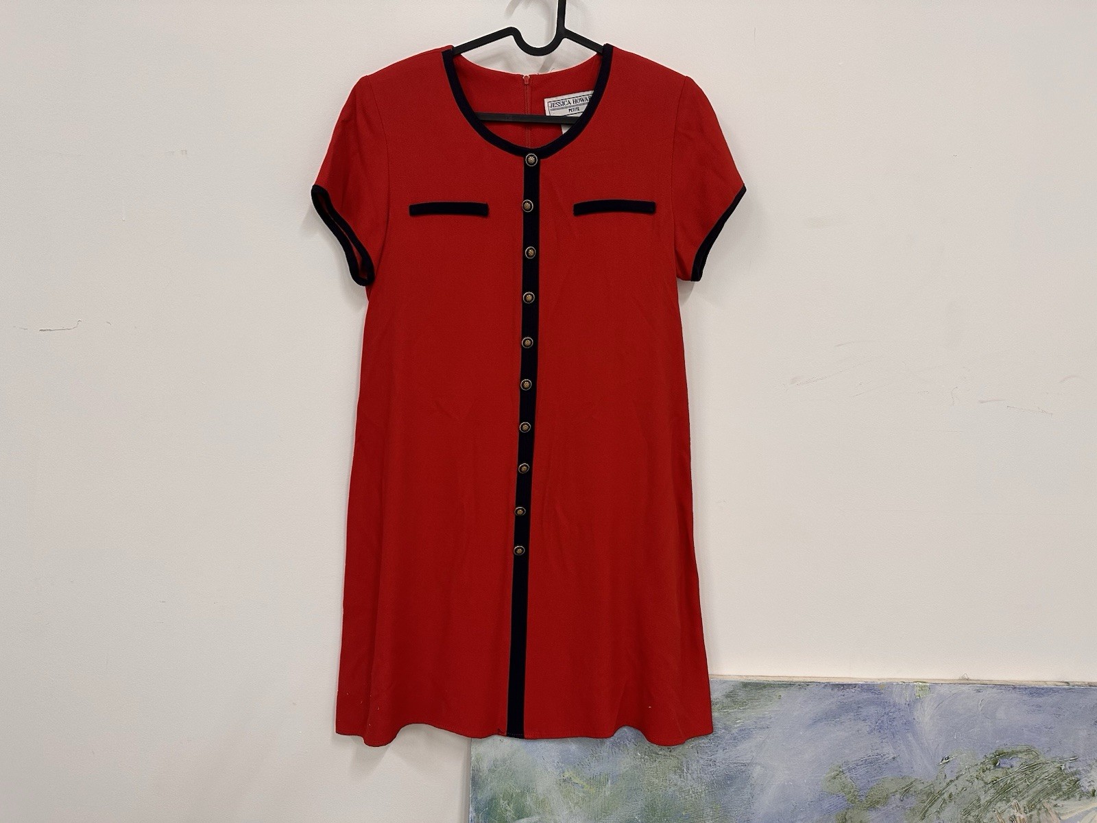 90s vintage Jessica Howard 14P Petite Red Blue Trim Button Round Neck Zip Dress