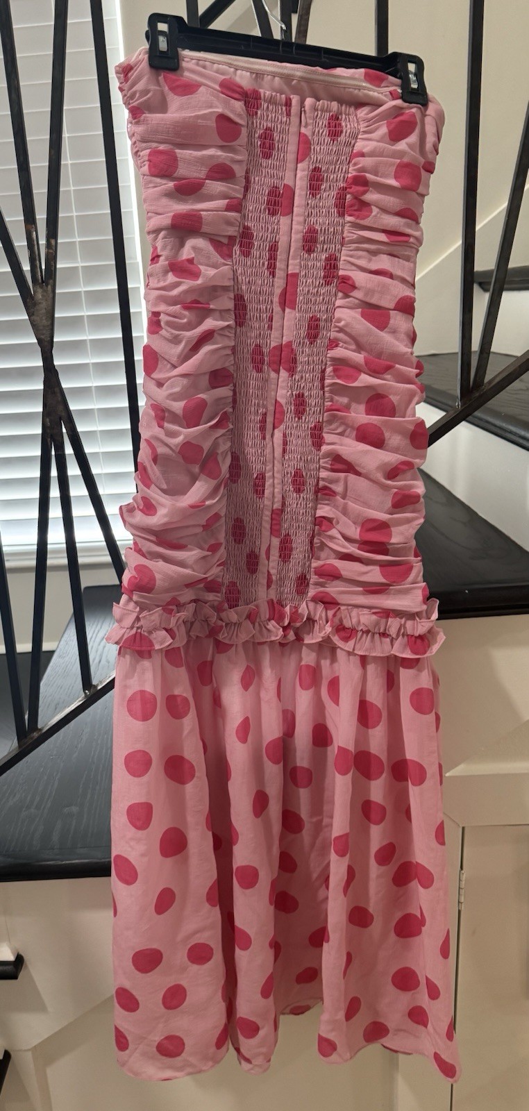 ELLIATT Pink Polka Dot Strapless Ruched Ruffle Smocked Midi Dress Size S