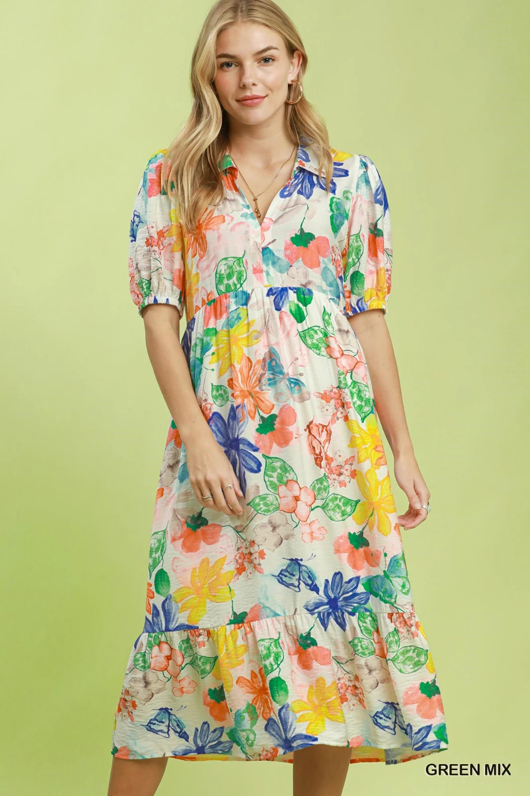 Umgee Watercolor Floral Tiered Midi Dress – Green Mix – Large