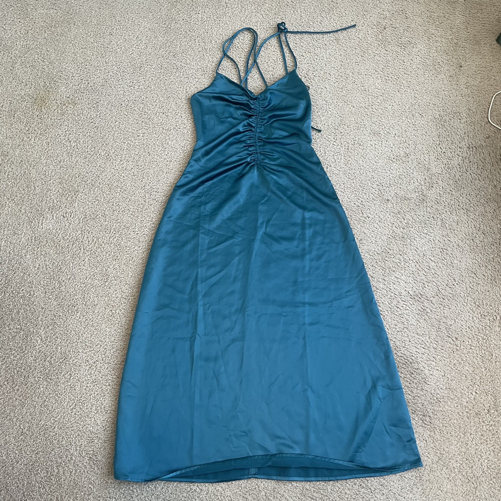 Jason Wu Satin Midi Dress Teal Blue Ruched Strappy Open Back Women’s Small