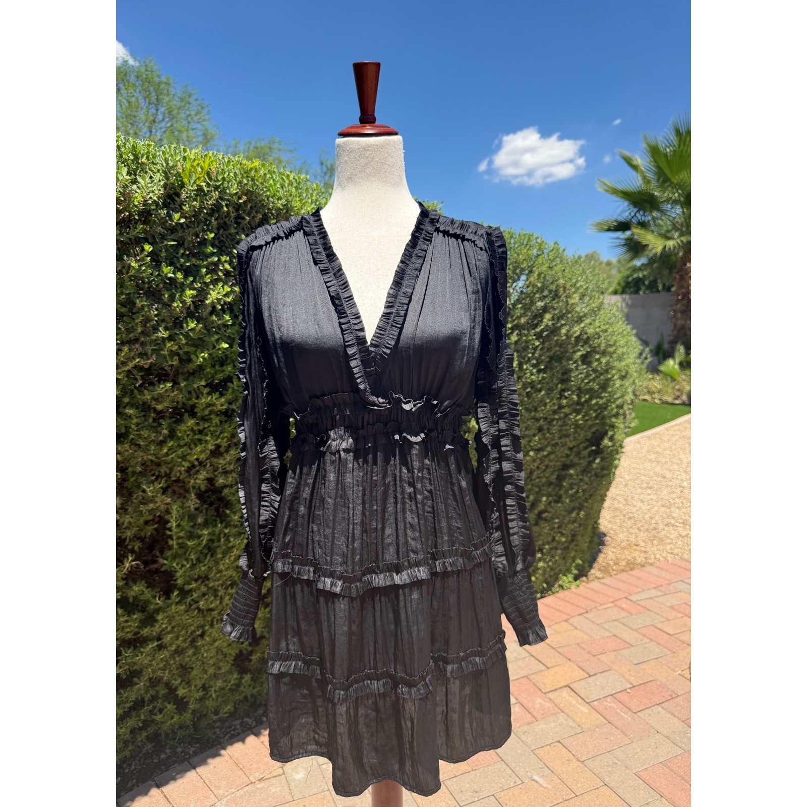 O.P.T. Anthropologie Black Ruffle Tiered Mini Dress V-Neck Long Sleeve Size L