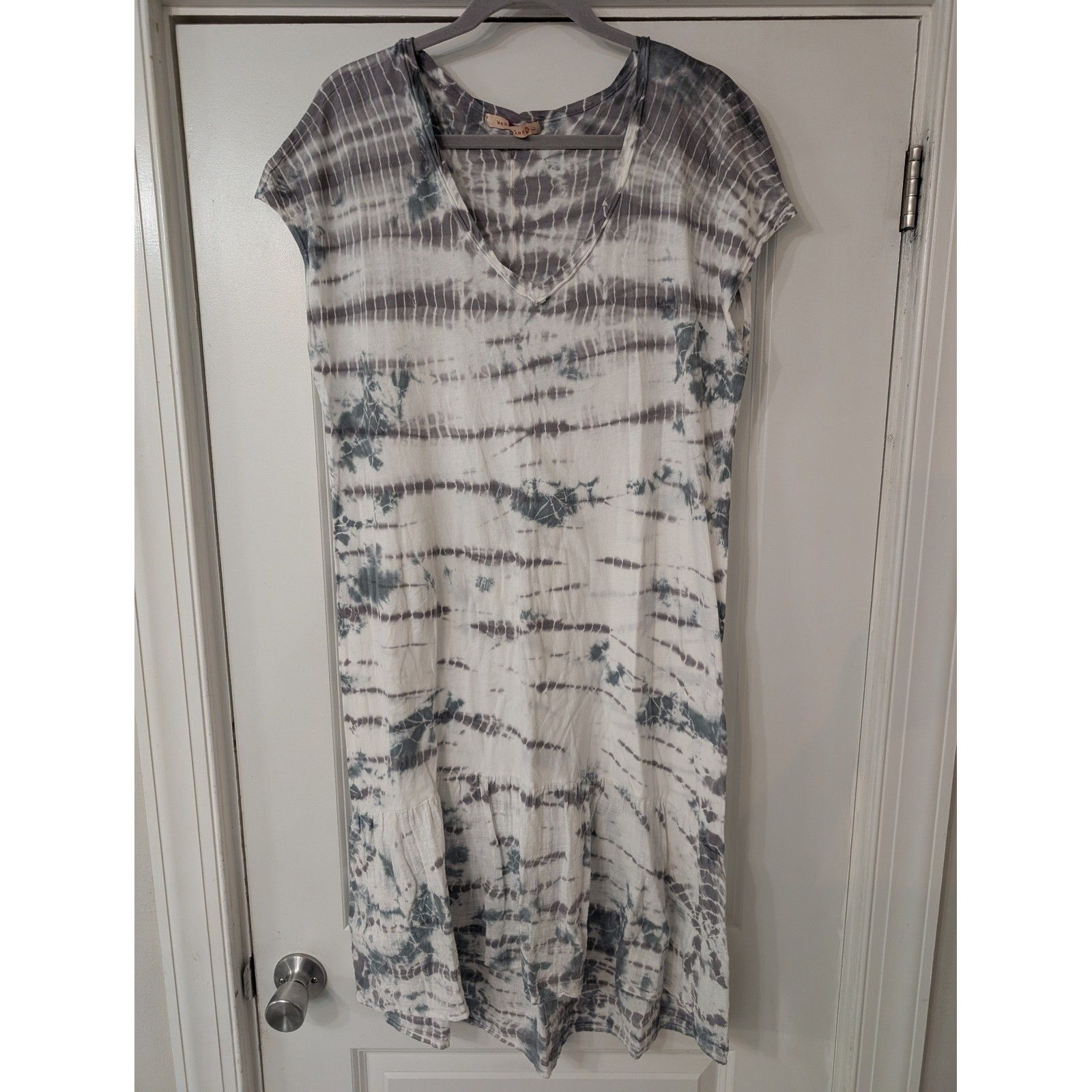 Wearables Grey White Tie Dye Cotton V-Neck Midi Dress Tiered Large natural artsy