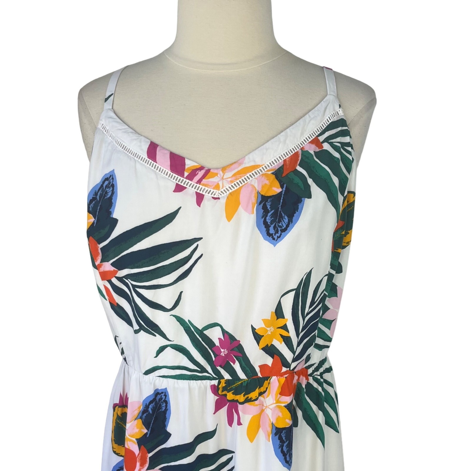 Tropical Floral Print Maxi Midi Sun Dress Adjustable Straps Smocked Back Medium