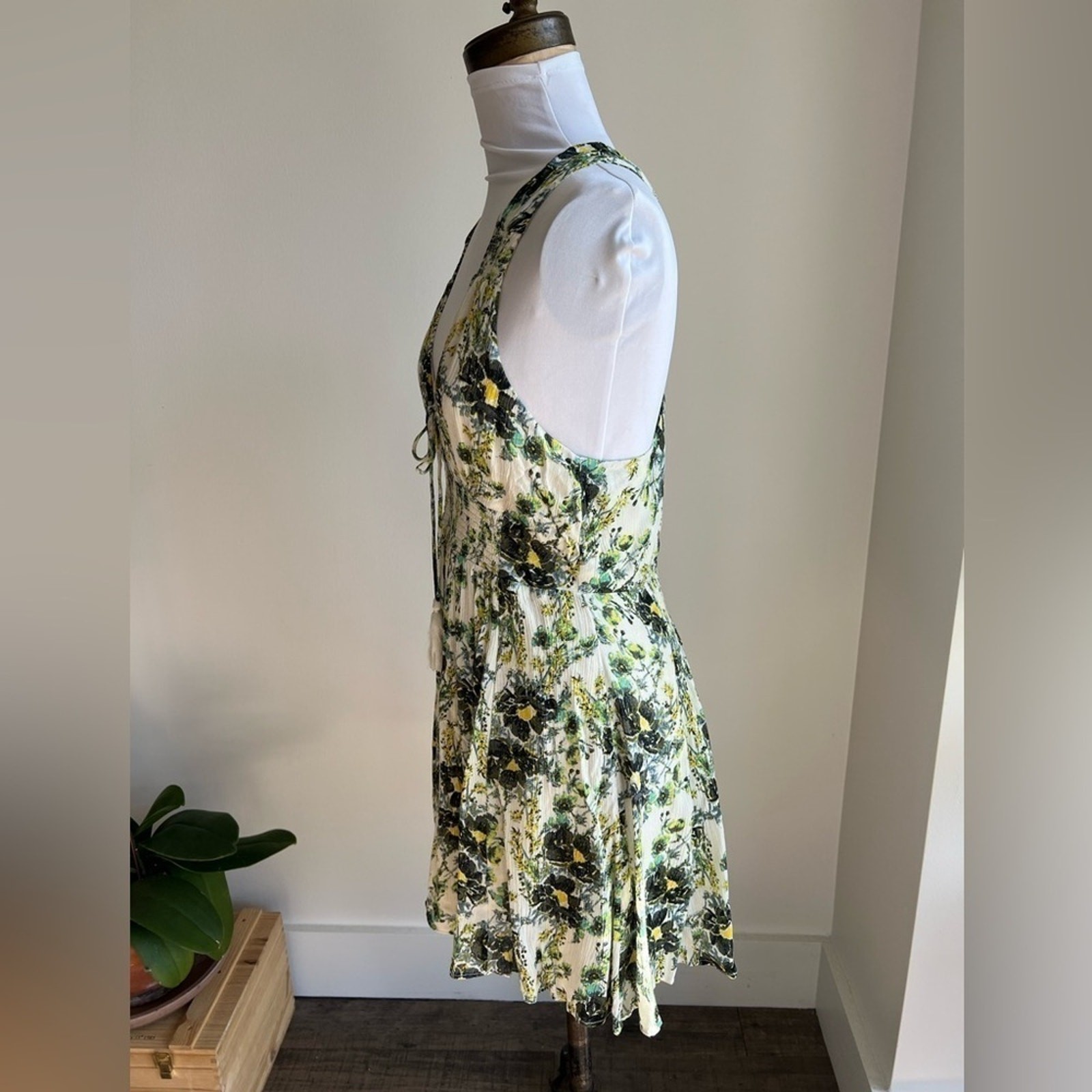 Free People Washed Ashore Floral Print Mini Dress Boho Ivory Green Women Size M