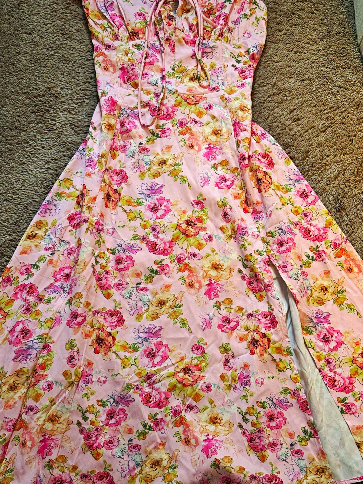 Pink Floral Chiffon Maxi Dress S V-Neck Sleeveless Strappy Lined Zip
