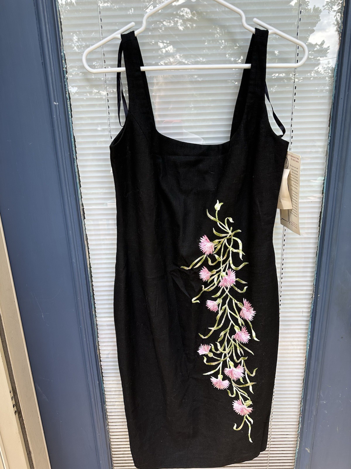 Vintage nwt linen cotton skinny strap fitted size 8 dress flower embroidery